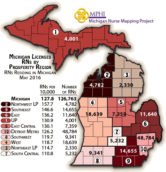 map depicts Michigan licensed registered nurses by prosperity regions in 2016